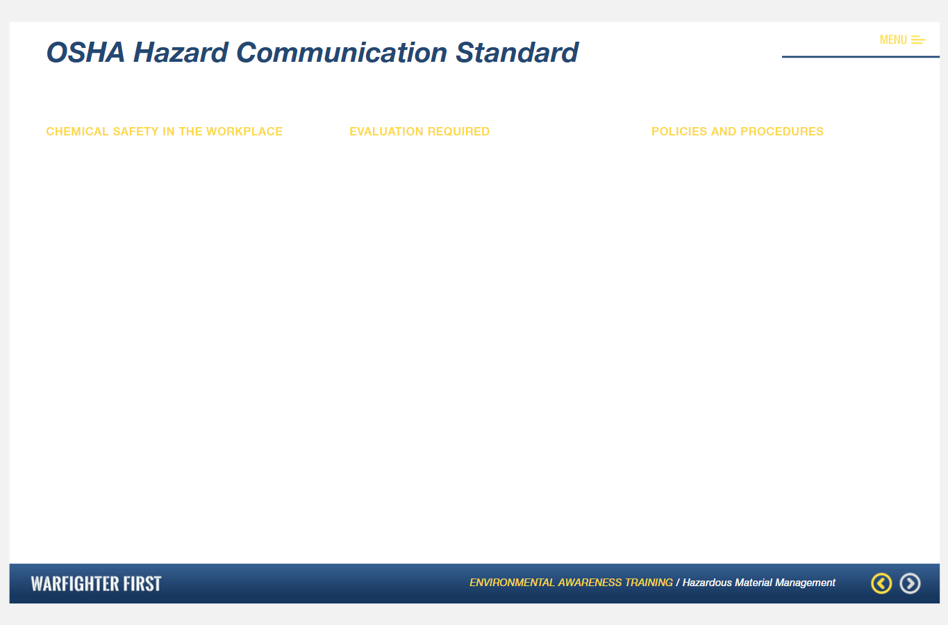 DLA Hazardous Material Management course opening screen
