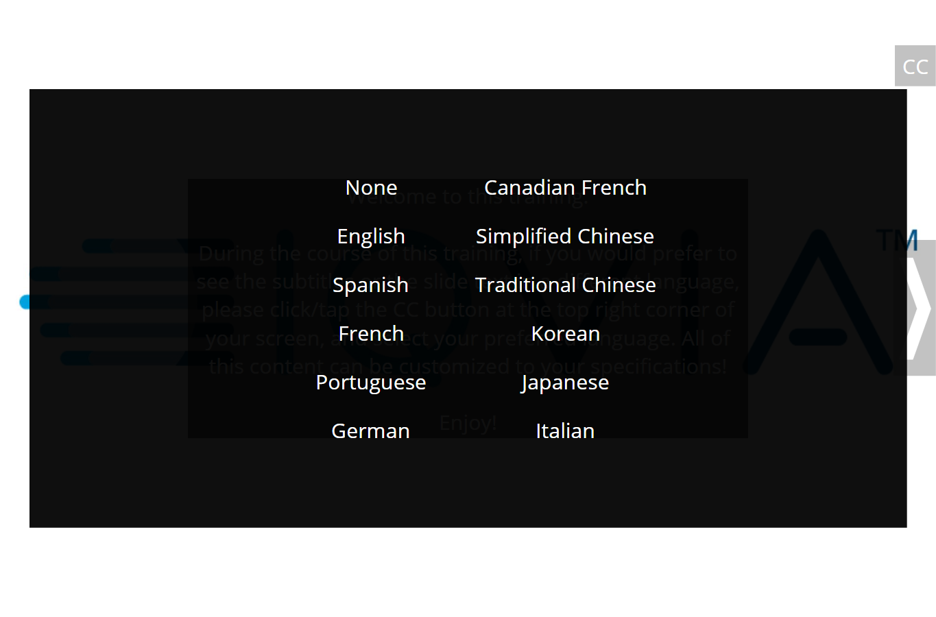 Multilingual course screen showing language and caption controls